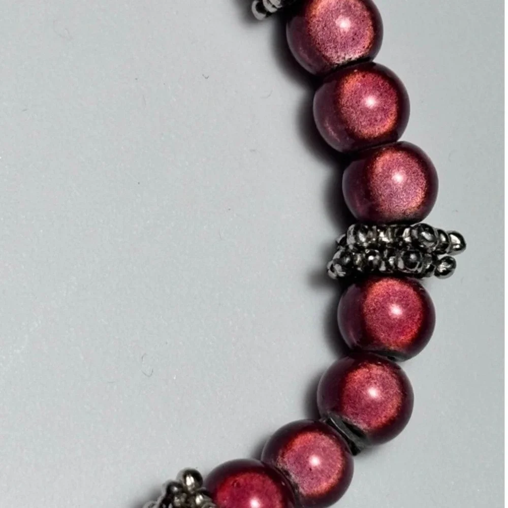 Vintage Burgundy Metallic Beaded Stretch Bracelet Silver Tone Spacer Accents